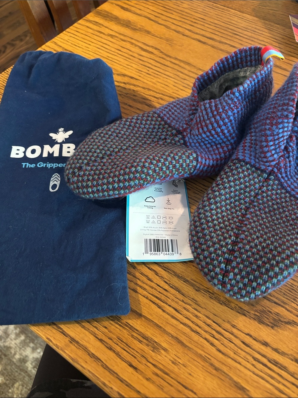 Bombas Blue & Burgundy Knit Gripper Slipper Socks Small